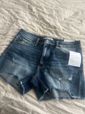 KanCan Dark Blue Distressed High-Rise Denim Shorts